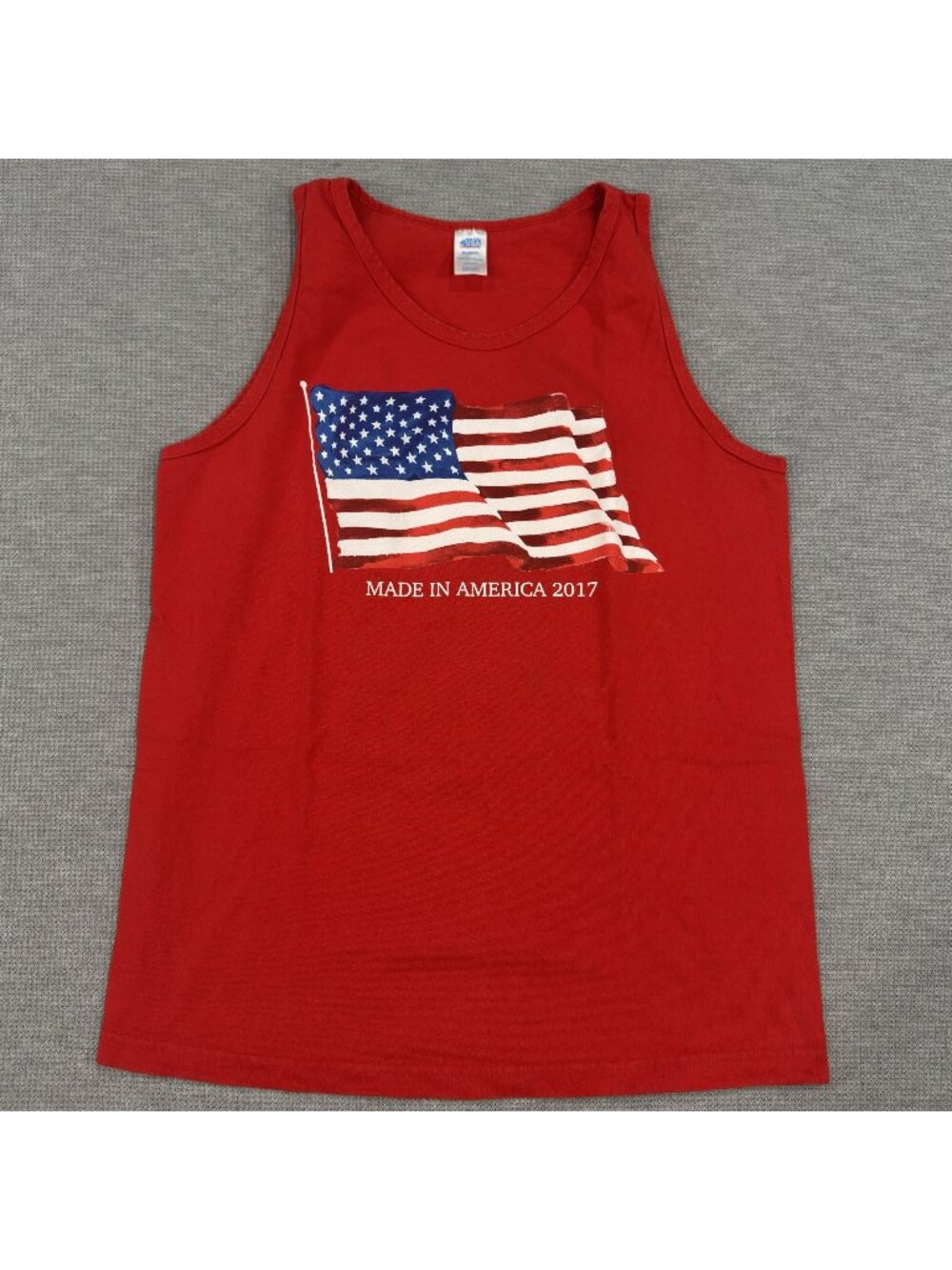 Red Tank Top USA Flag Graphic Mens Size M Made In America 2017 100% Cotton